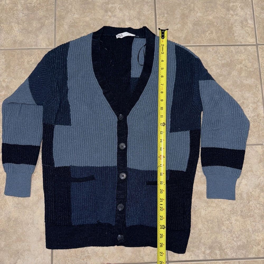 ZARA  Blue Patchwork Chunky‎ Knit V Neck Cardigan Sweater Blogger Favorite Sz M